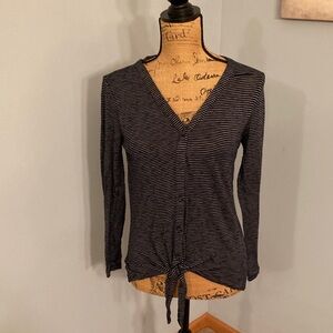 LOFT Black and White Striped V-Neck Long Sleeve Top